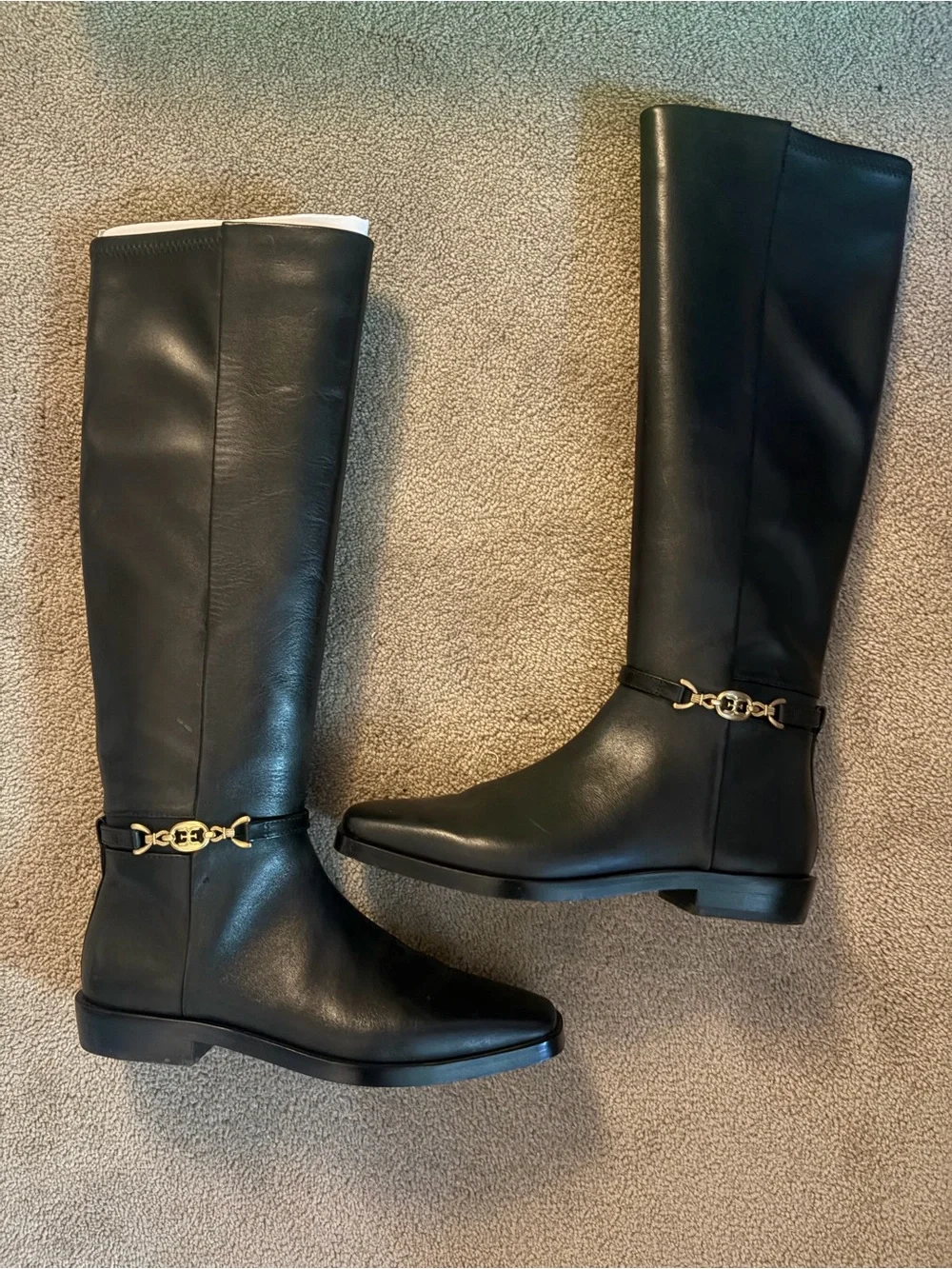 Sam Edelman Black Leather Over-the-Knee Boots with Gold Chain Accent